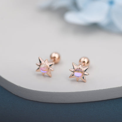 Moonstone Starburst Screw Back Earrings in Sterling Silver, Star Barbell Earrings with Moonstone, Silver, Gold and Rose Gold, Screwback