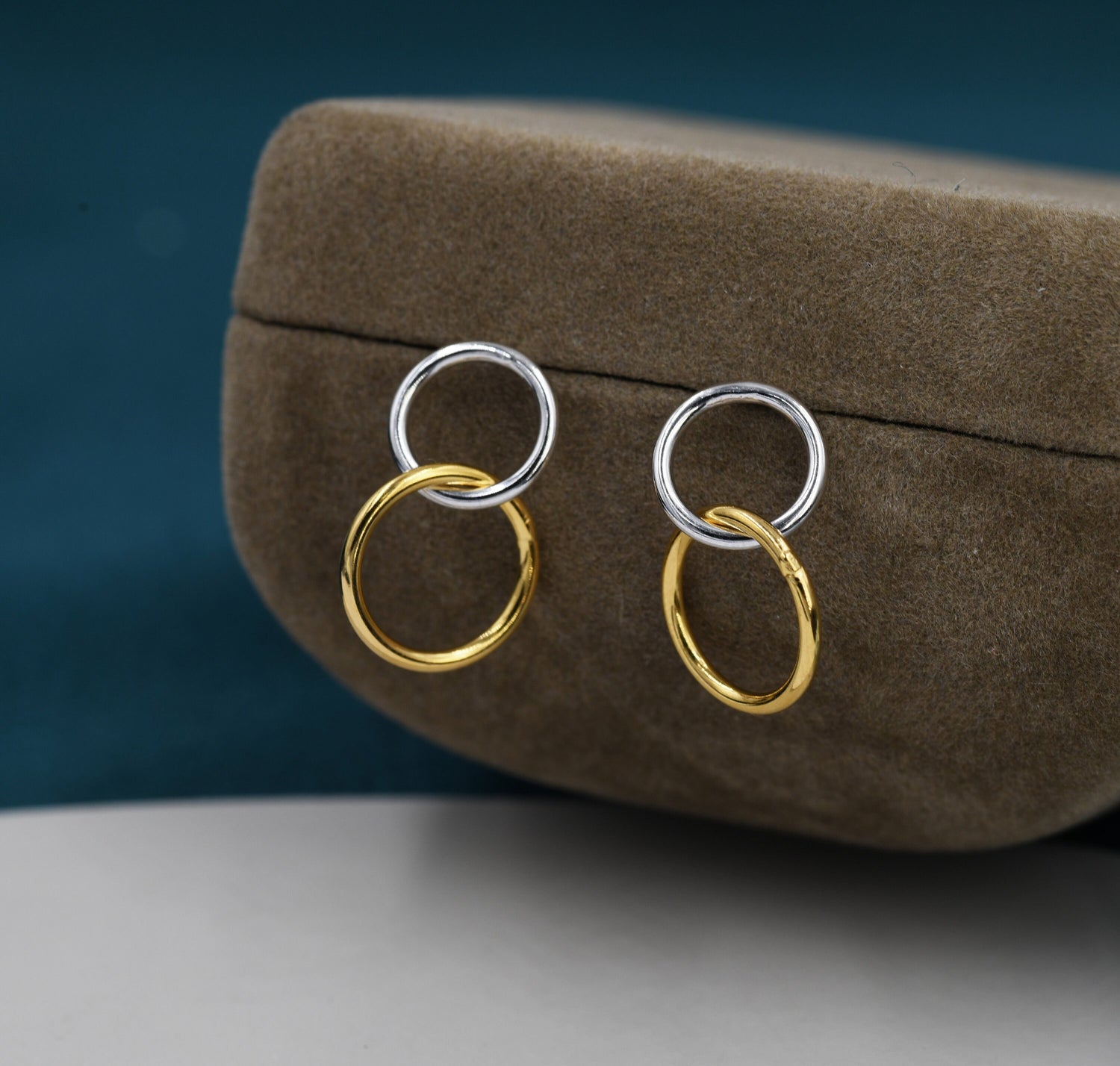 Double Ring Drop Stud Earrings in Sterling Silver, Silver and Gold Mixed Tone, Two Circle Earrings, Two Ring Earrings, Interlinking Rings