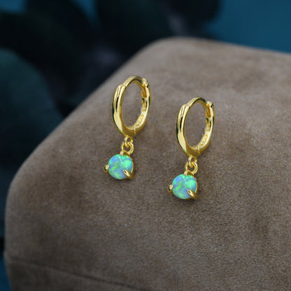 Green Opal Dot Dangle Huggie Hoop Earrings in Sterling Silver, 4mm Tiny Opal Hoops, Opal Hoops, Fire Opal Hoops