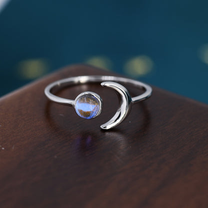 Sterling Silver Moonstone Moon Ring, Full Moon and Cresent Moon, Adjustable Sized Ring, Open Ring, Stacking Rings, Simulated Moonstone Ring