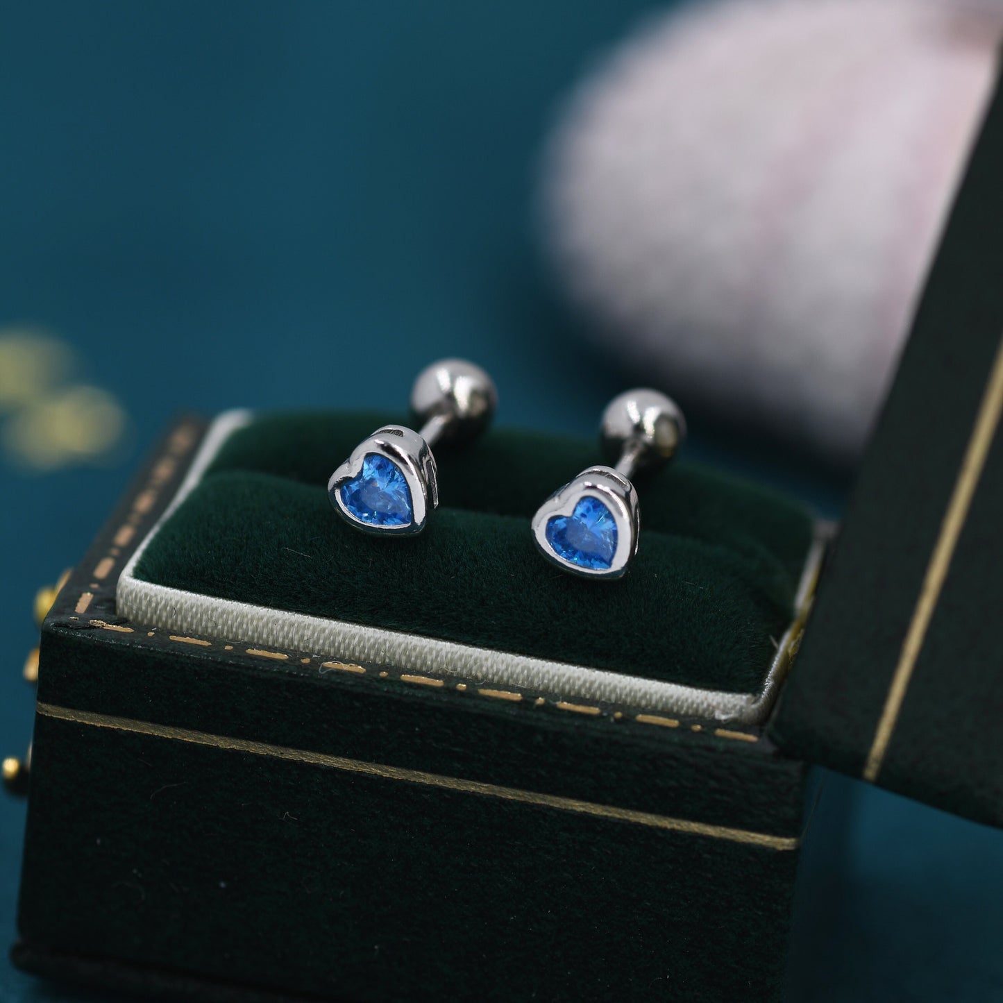 Aquamarine Blue CZ Heart Screwback Earrings in Sterling Silver, Silver or Gold, Screw Back Heart Crystal Earrings, Screwback Earrings