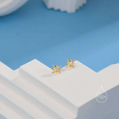 Tiny Starburst CZ Stud Earrings in Sterling Silver, Silver, Gold or Rose Gold, Small Star Earrings, Celestial Jewellery