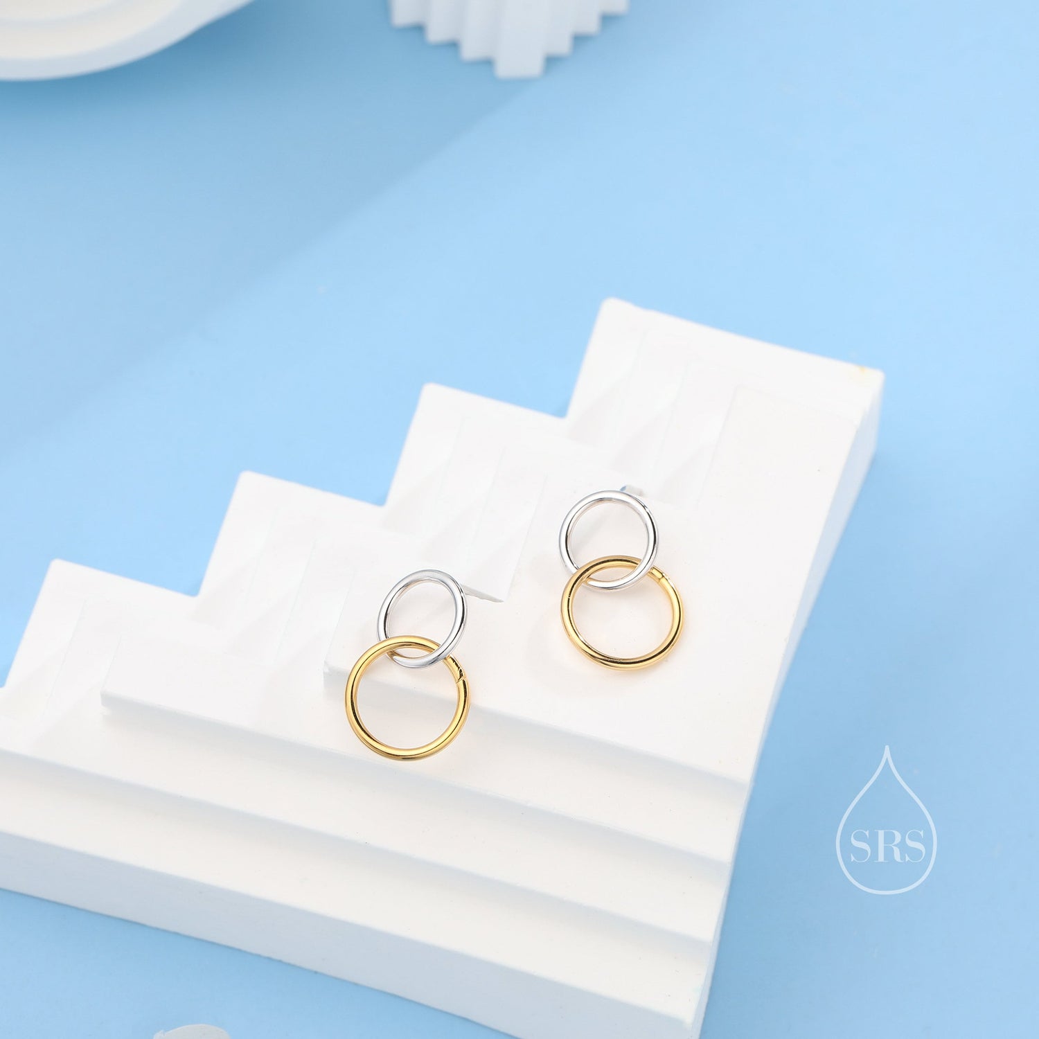 Double Ring Drop Stud Earrings in Sterling Silver, Silver and Gold Mixed Tone, Two Circle Earrings, Two Ring Earrings, Interlinking Rings