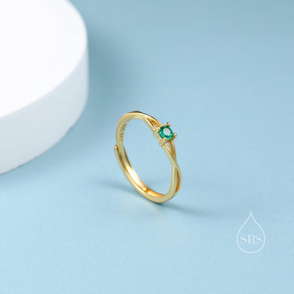 CZ Twist Ring in Sterling Silver, Adjustable Size, Silver or Gold, Emerald Green Ring, Minimalist Ring, Geometric Ring, Solid Silver Ring
