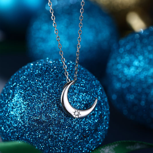 Crescent Moon with Starburst CZ Necklace in Sterling Silver, Silver or Gold or Rose Gold, Moon Necklace, Moon Pendant, New Moon Necklace