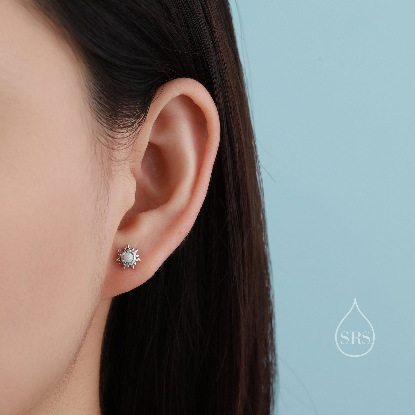 Tiny Little Opal Sun Stud Earrings in Sterling Silver, Silver or Gold, Sun Burst Earrings with Lab Opal, Opal Sunburst Earrings