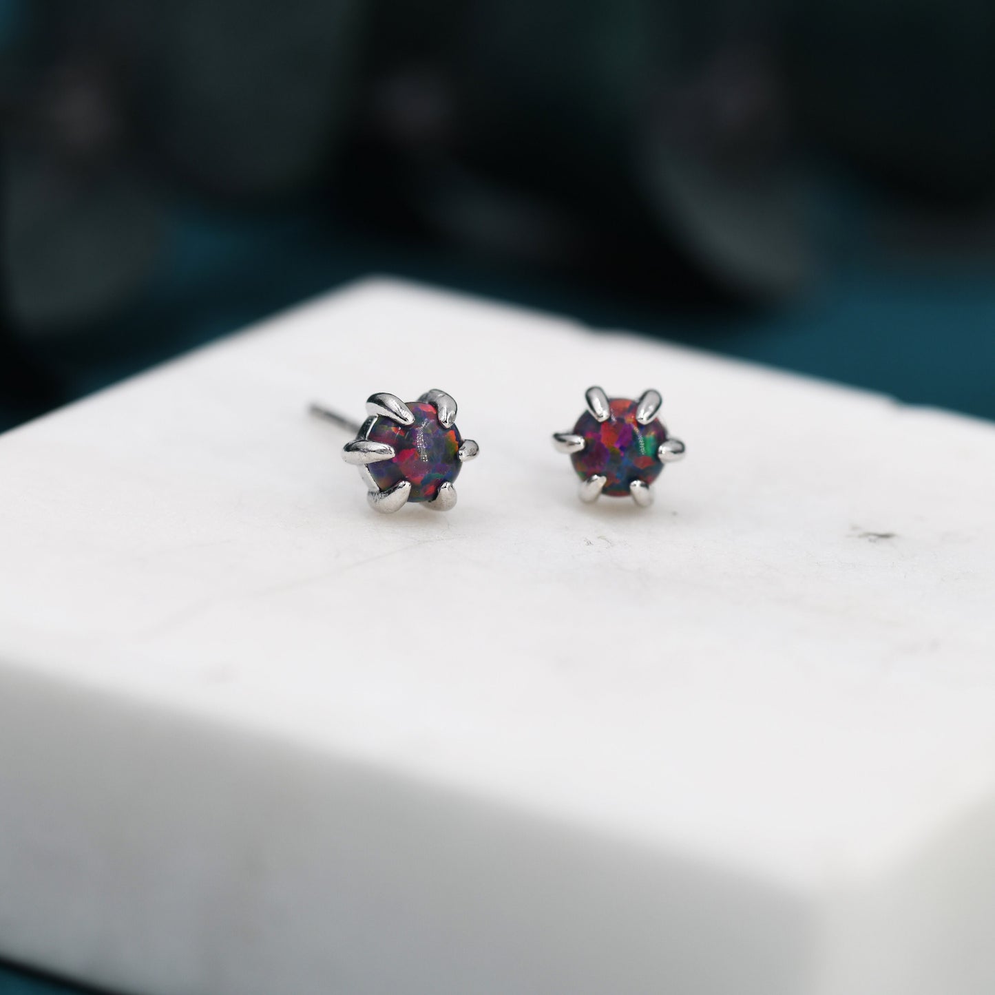Cosmic Purple Opal Long Prong Stud Earrings in Sterling Silver, Silver or Gold, Opal Earrings, Tiny Opal Earrings, Dainty Opal Earrings