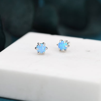 Blue Opal Long Prong Stud Earrings in Sterling Silver, Silver or Gold, Opal Earrings, Tiny Opal Earrings, Dainty Opal Earrings