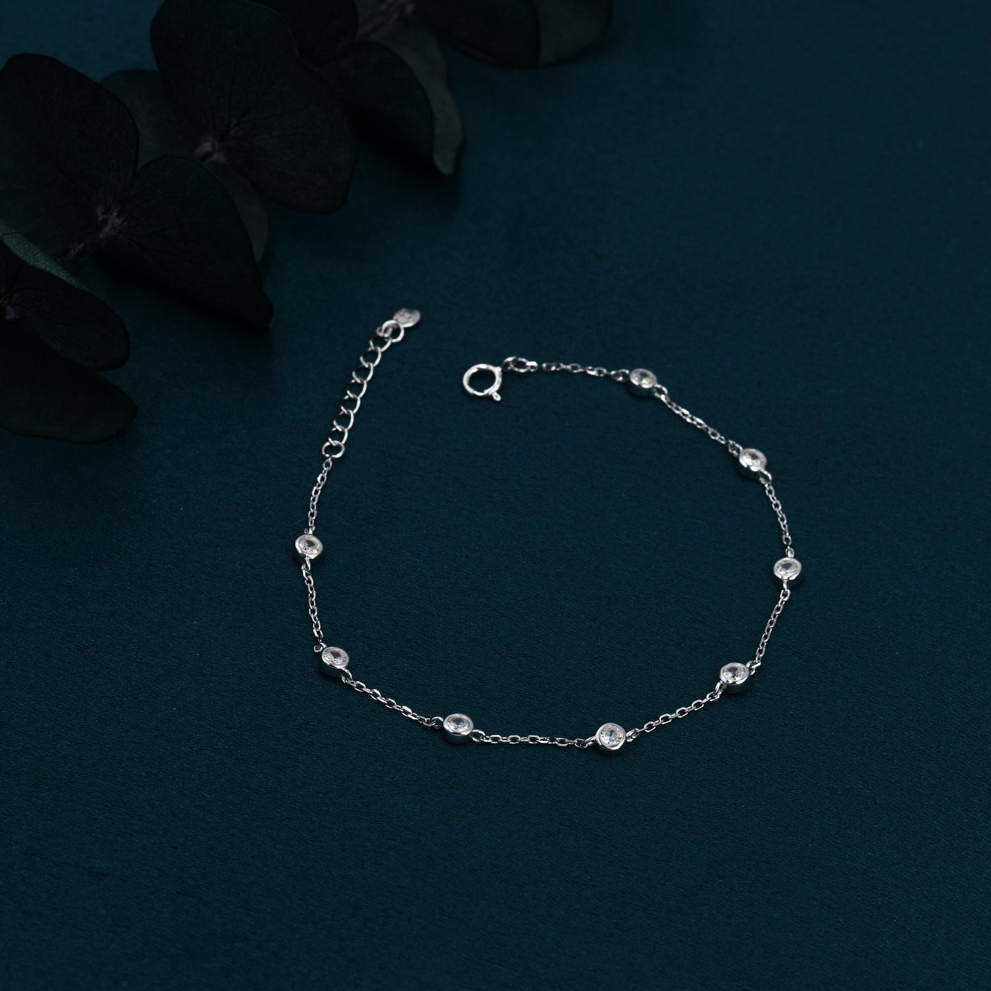 CZ Floating Bracelet or Anklet in Sterling Silver, Silver or Gold, Satellite Crystal Bracelet or Anklet, Solid Silver Motif Bracelet