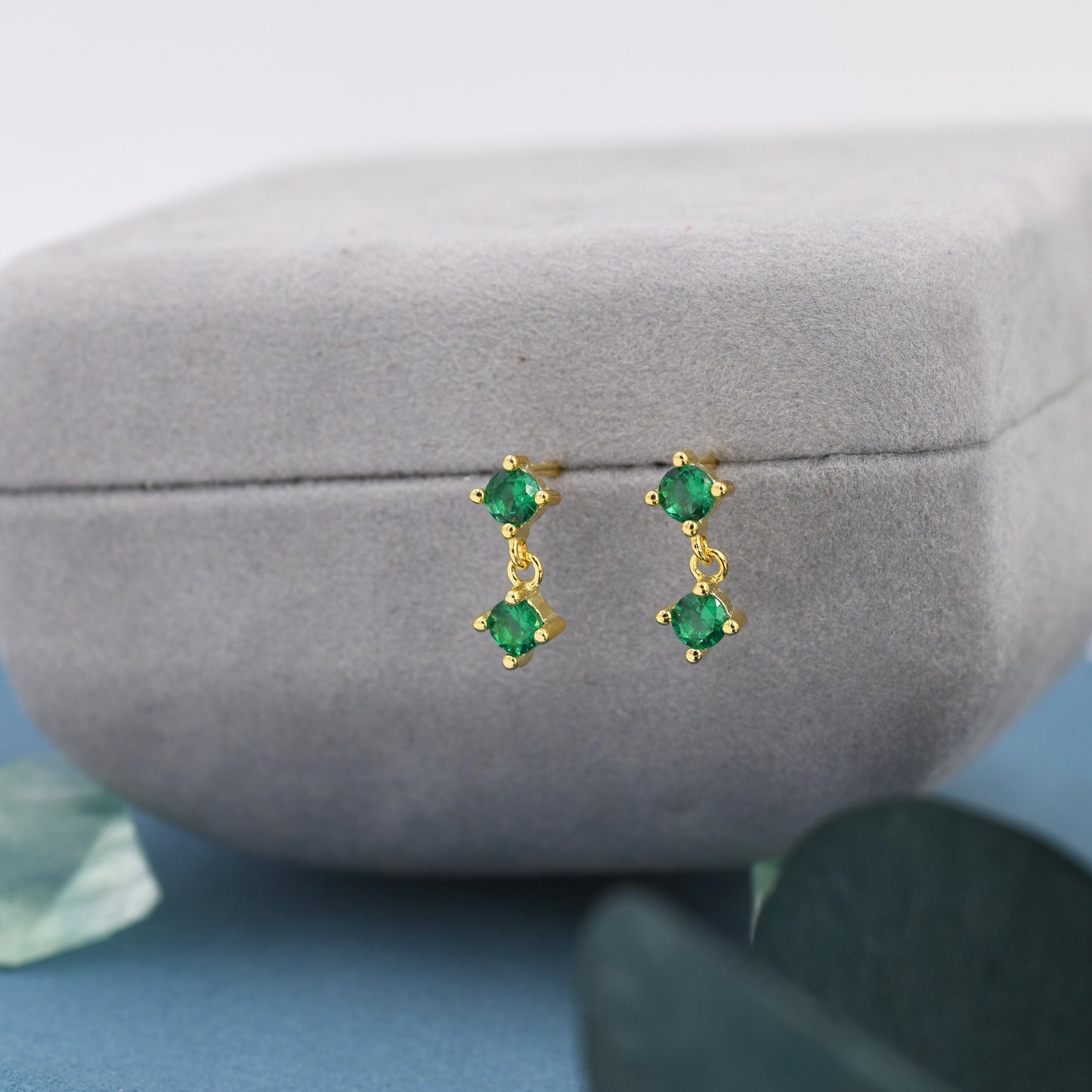 Tiny Emerald Green Double CZ Dangle Stud Earrings in Sterling Silver, Silver or Gold, Two CZ Prong Earrings, Solid Silver Crystal Earring