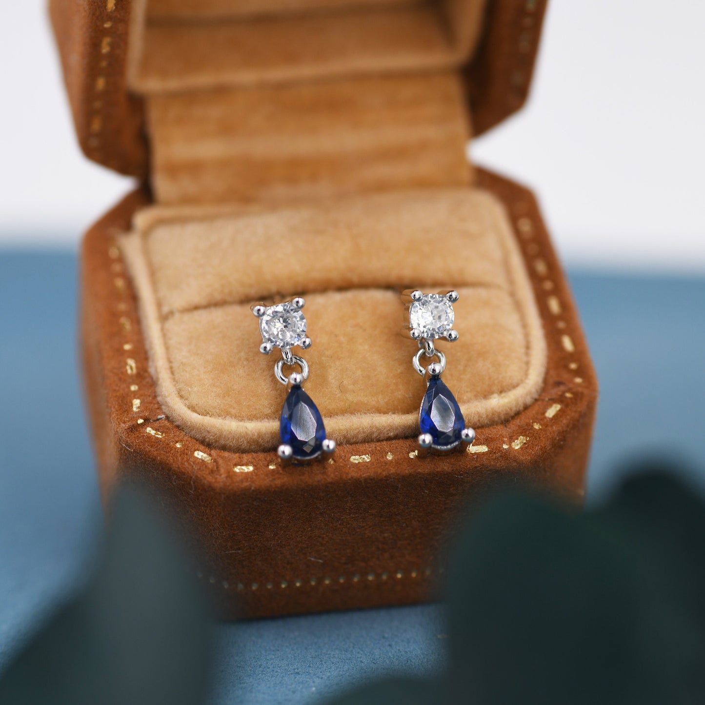Tiny Sapphire Blue CZ Dangle Stud Earrings in Sterling Silver with Round and Droplet CZ, Silver or Gold, Two CZ Prong Set Earrings