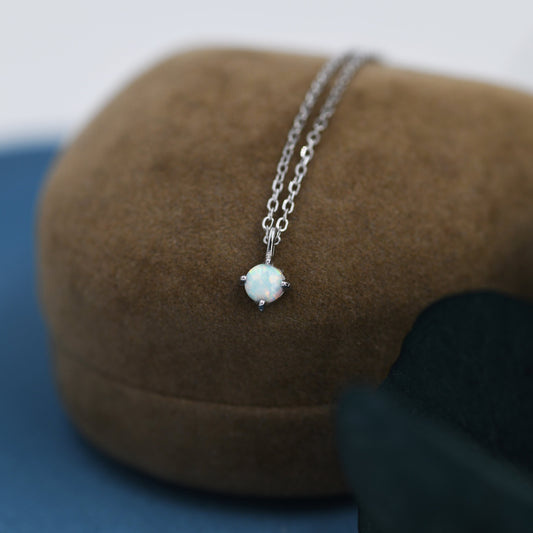 Very Small White Opal Pendant Necklace in Sterling Silver, Silver or Gold, 5mm Lab Opal Necklace,  Single Opal Necklace