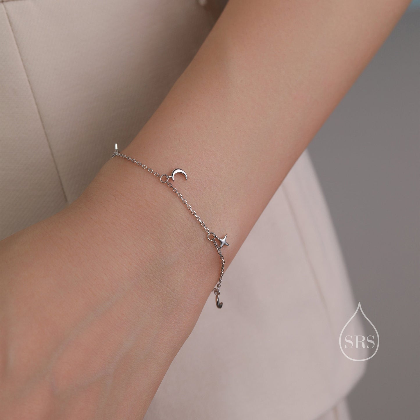 Sterling Silver Moon and Star Bracelet, Silver or Gold or Rose gold, Moon and Star Charm Bracelet, Celestial Jewellery