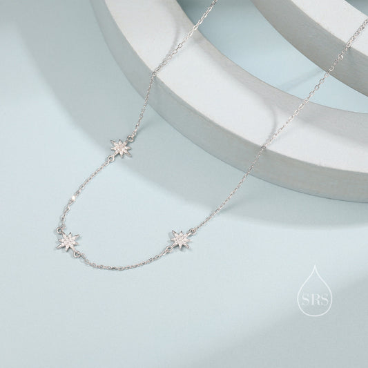 Starburst CZ Necklace in Sterling Silver, Silver or Gold or Rose Gold, Three Star Necklace, North Star Necklace, Sunburst Necklace, Star