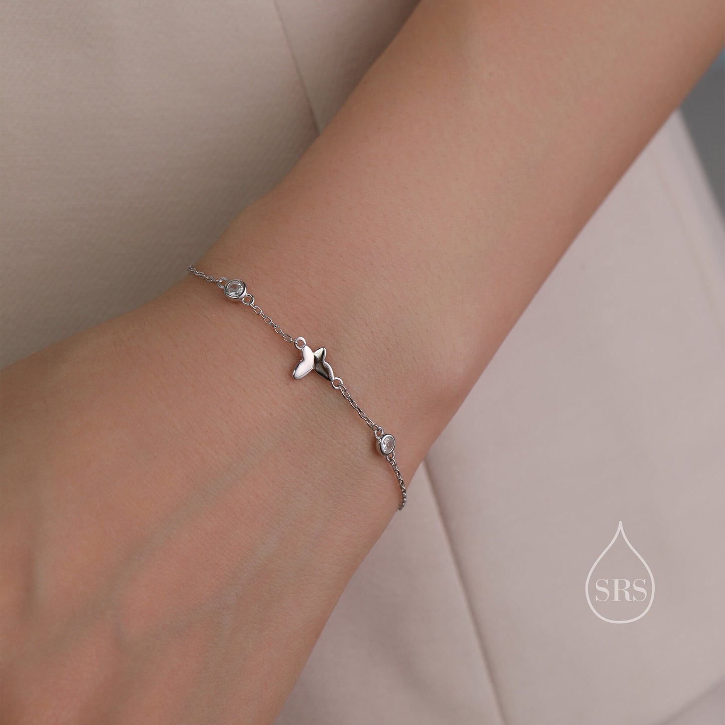 CZ Crystal and Butterfly Floating Bracelet in Sterling Silver, Silver or Gold or Rose gold, Satellite Bracelet, Solid Silver Bracelet