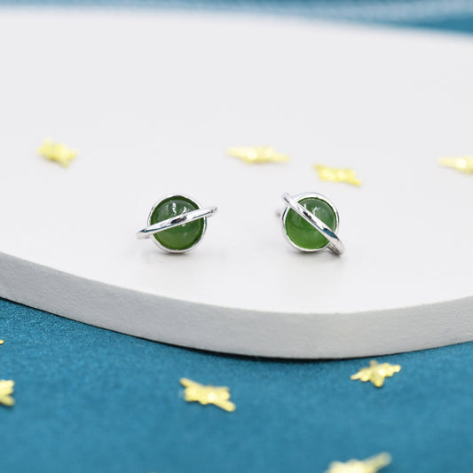 Genuine Jade Crystal Planet Stud Earrings in Sterling Silver, Green Jade Planet Earrings, Jade Saturn Earrings