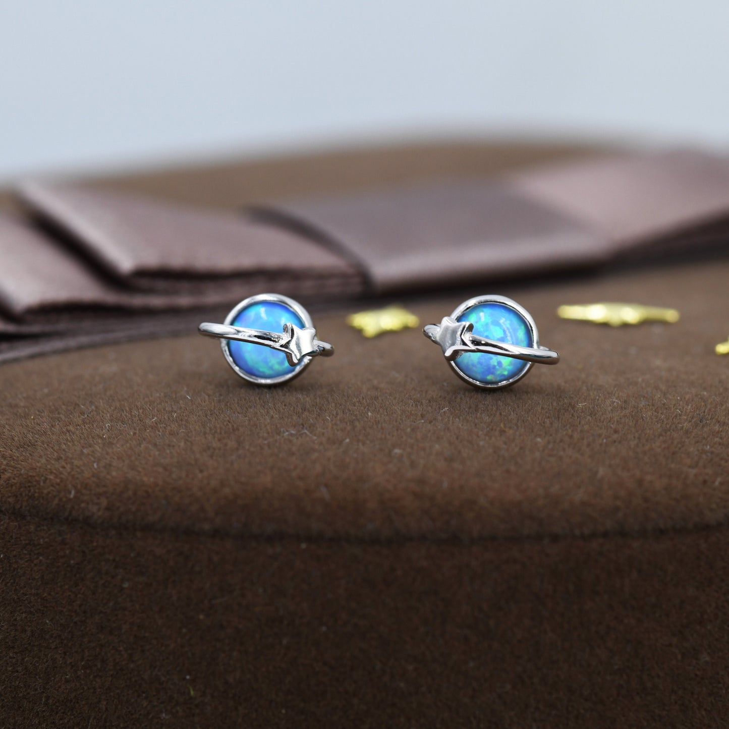Blue Opal Planet Stud Earrings in Sterling Silver, Lab Opal Planet Earrings, Fire Opal Saturn Earrings