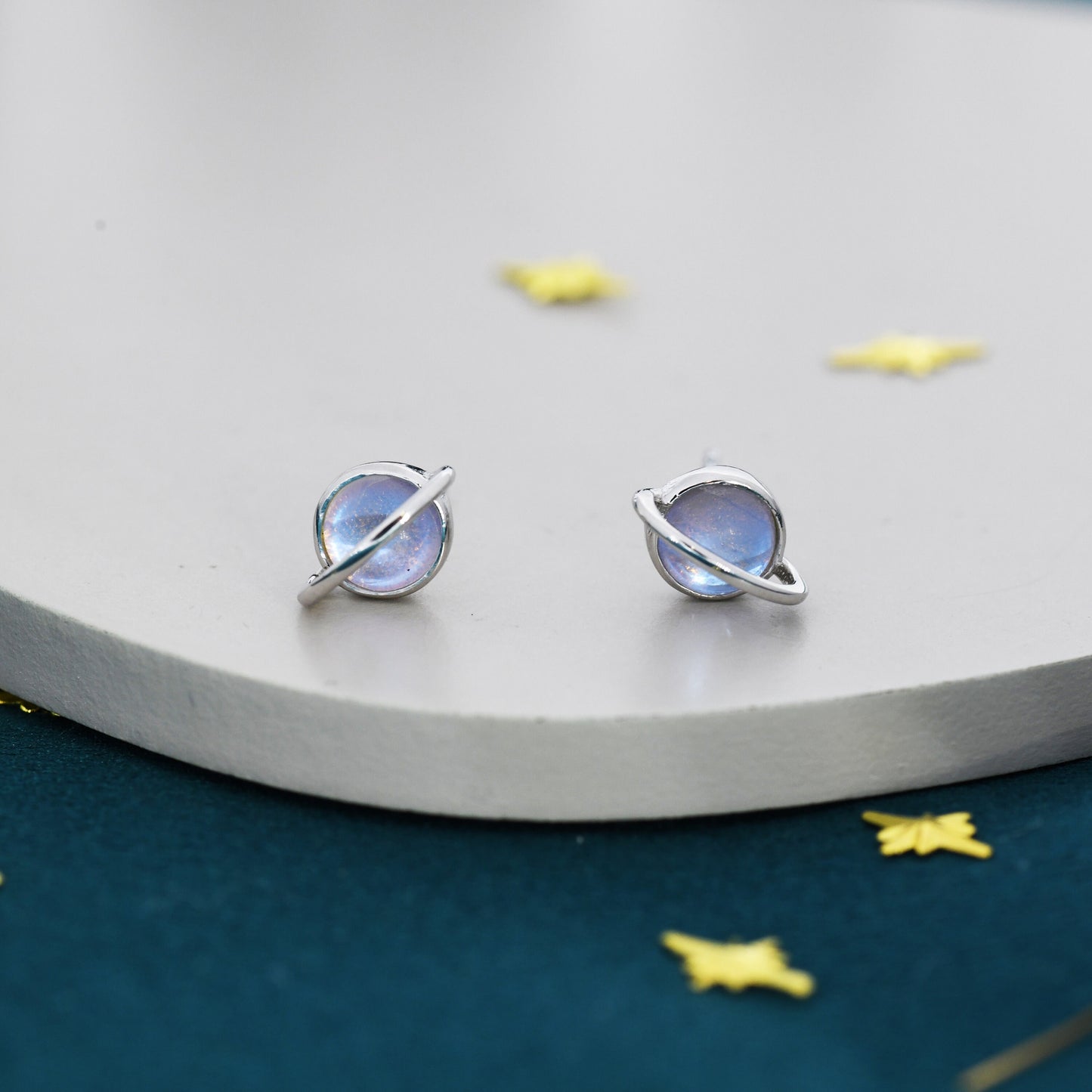 Moonstone Planet Stud Earrings in Sterling Silver, Lab Moonstone Planet Earrings, Opal Saturn Earrings