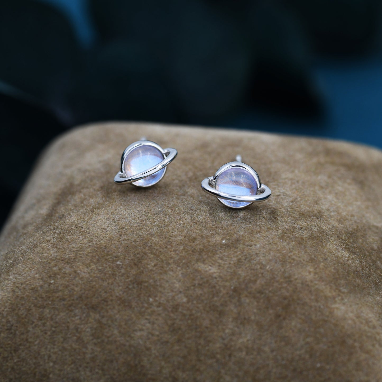 Moonstone Planet Stud Earrings in Sterling Silver, Lab Moonstone Planet Earrings, Opal Saturn Earrings