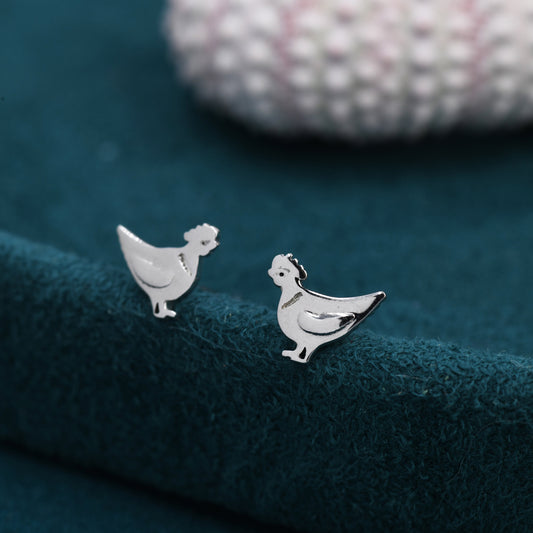 Chicken Stud Earrings in Sterling Silver,  Nature Inspired Animal Earrings, Farm Animal Earrings