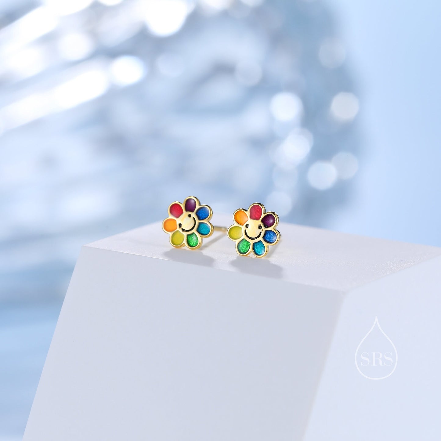 Enamel Smiling Flower Stud Earrings in Sterling Silver,  Silver Rainbow Flower Earrings, Multi Colour Flower Stud in Sterling Silver