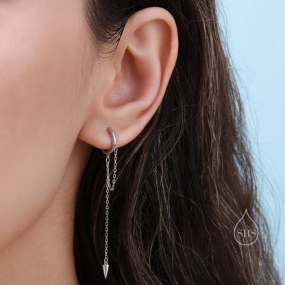 Dangling Spike Chain Huggie Hoop Earrings in Sterling Silver,  Available in Silver, Gold or Rose Gold, Spike Dangle Earrings, Chain Hoops