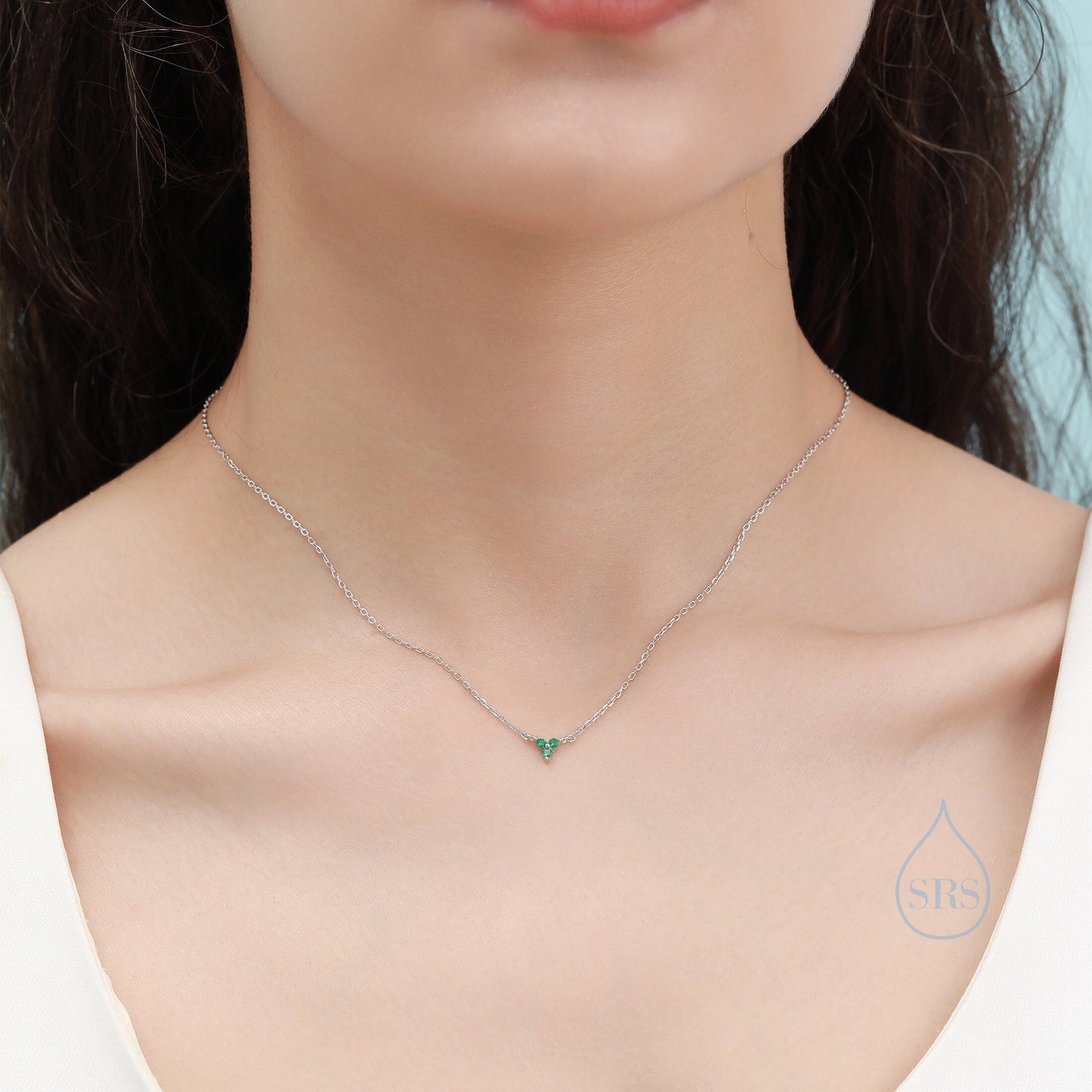 Extra Tiny Emerald Green CZ Trio Pendant Necklace in Sterling Silver, Available in Clear CZ or Green CZ, Silver or Gold,