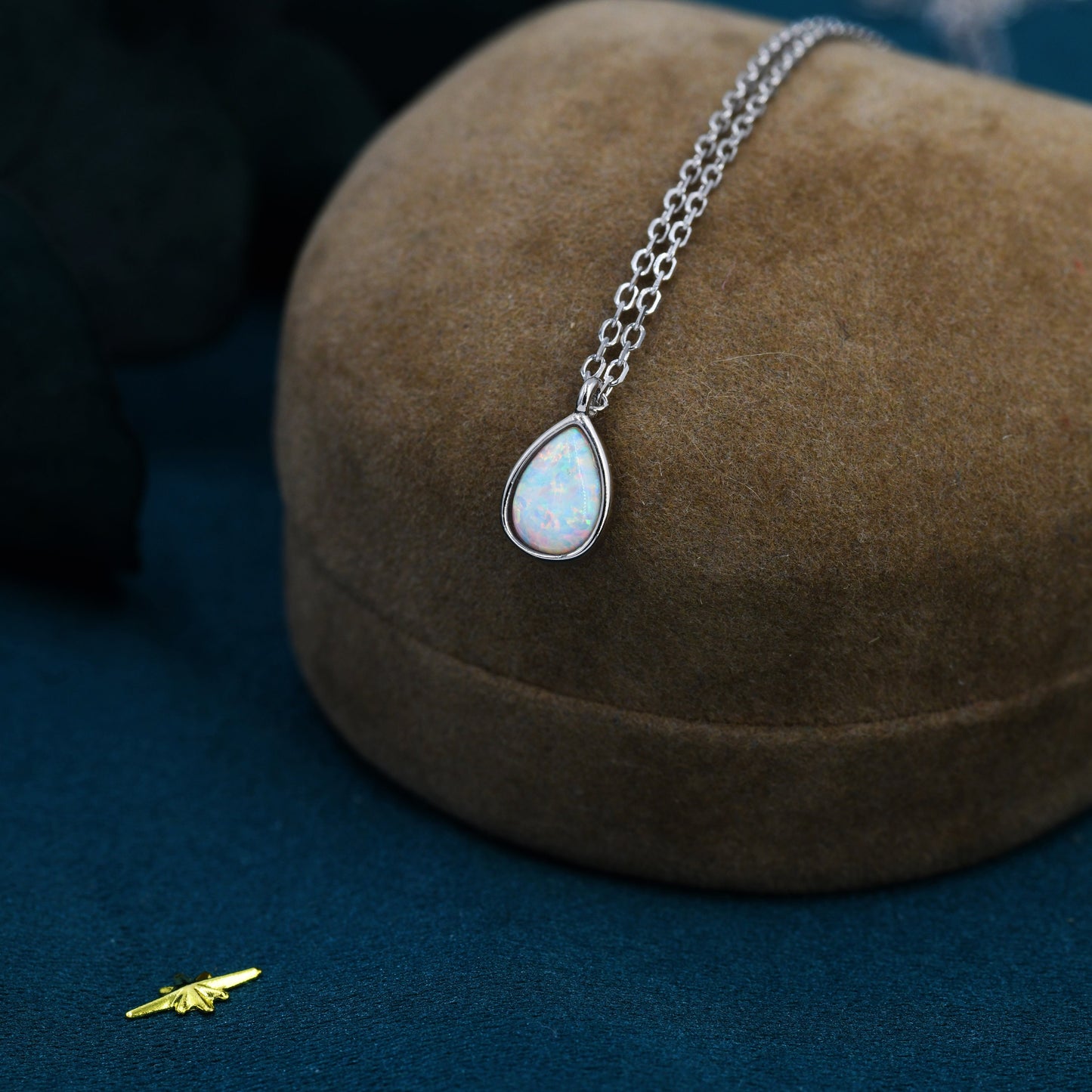 Droplet White Opal Pendant Necklace in Sterling Silver, Lab Opal Necklace,  Pear Shape Opal Necklace, Fire Opal Necklace