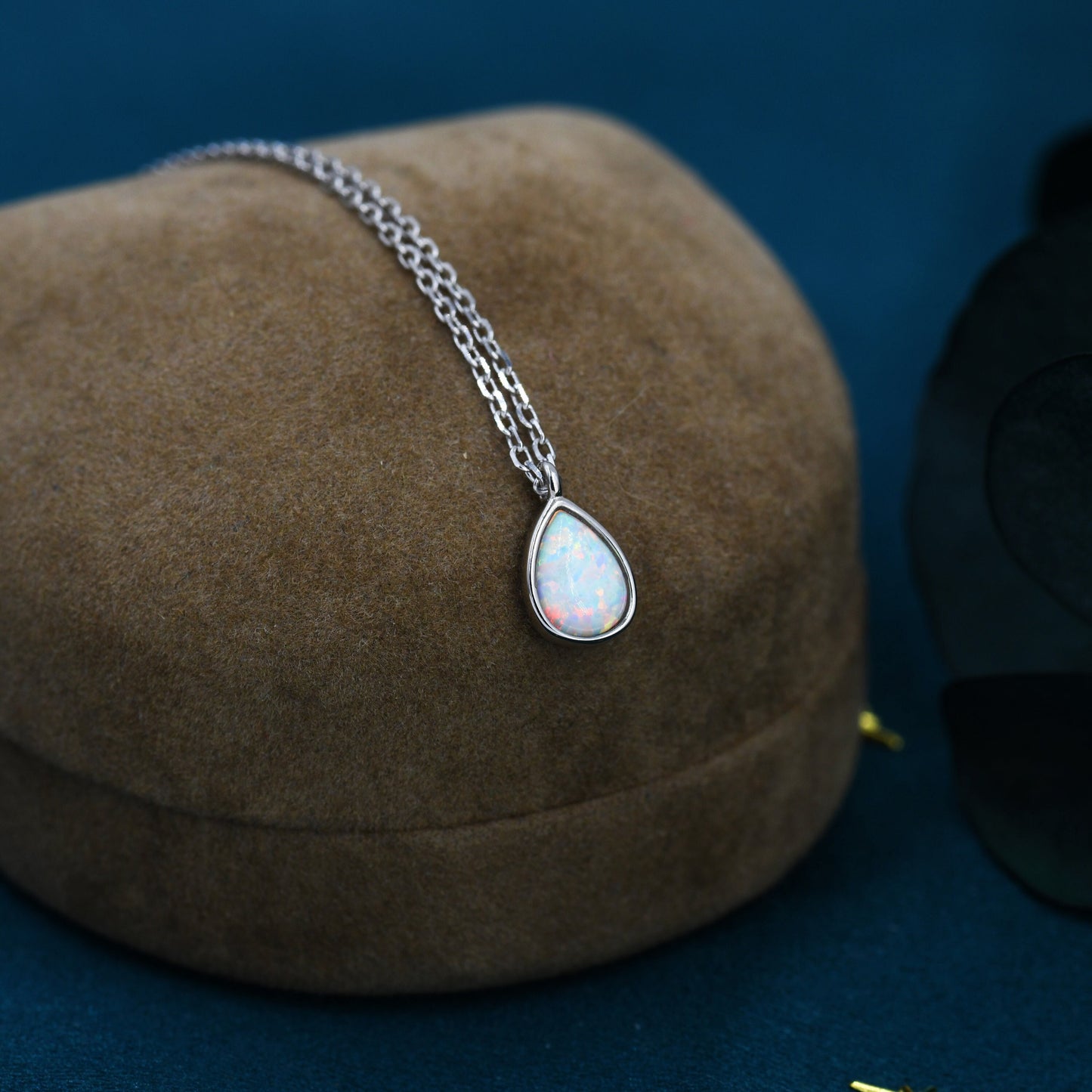 Droplet White Opal Pendant Necklace in Sterling Silver, Lab Opal Necklace,  Pear Shape Opal Necklace, Fire Opal Necklace