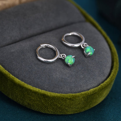 Green Opal Dot Dangle Huggie Hoop Earrings in Sterling Silver, 4mm Tiny Opal Hoops, Opal Hoops, Fire Opal Hoops