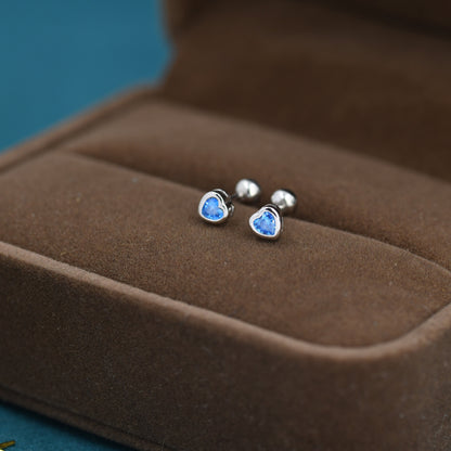 Aquamarine Blue CZ Heart Screwback Earrings in Sterling Silver, Silver or Gold, Screw Back Heart Crystal Earrings, Screwback Earrings