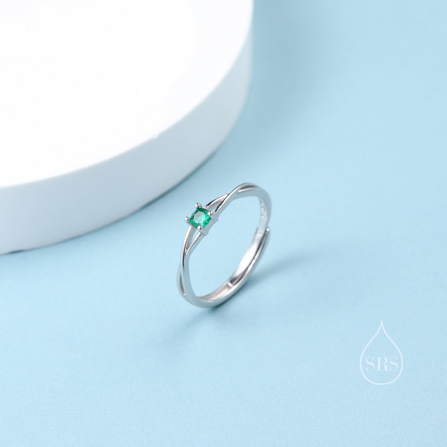 CZ Twist Ring in Sterling Silver, Adjustable Size, Silver or Gold, Emerald Green Ring, Minimalist Ring, Geometric Ring, Solid Silver Ring