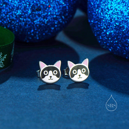 Sterling Silver Tuxedo Cat Enamel Stud Earrings, Silver Cat Earrings, Black and White Cat Earrings, Tiny Cat Stud, Cute Kitty Stud Earrings