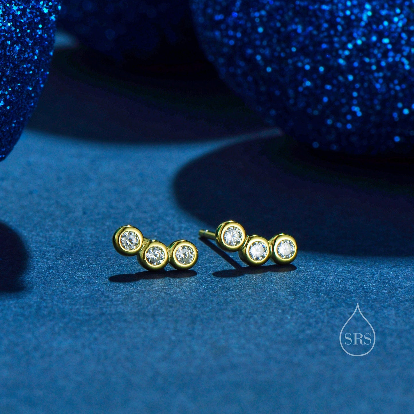 Tiny CZ Trio Stud Earrings in Sterling Silver, Silver, Gold or Rose Gold, Small CZ Earrings, Three CZ Earrings, Pebble Earrings