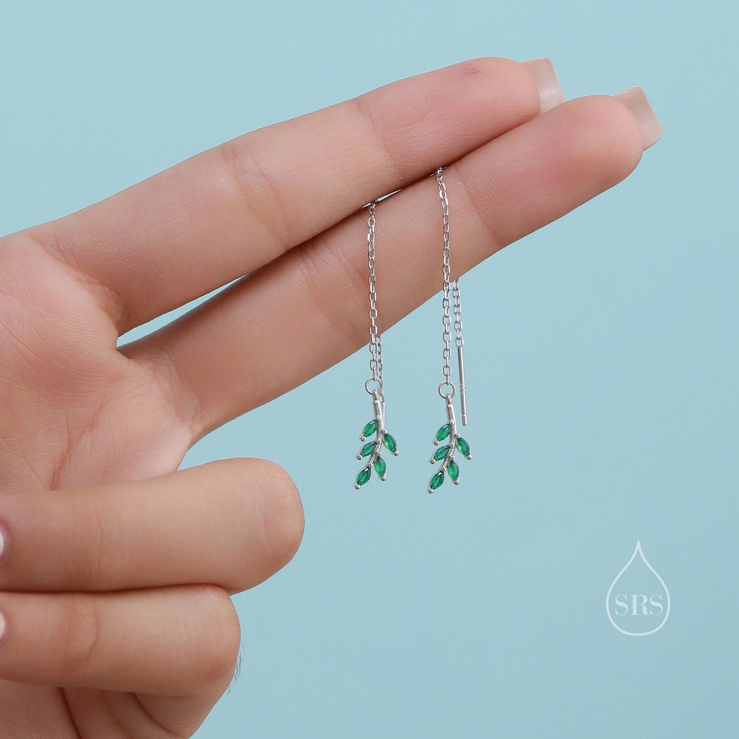 Delicate CZ Leaf Threader Earrings in Sterling Silver, Olive Branch Earrings, Silver or Gold, Clear CZ or Emerald Green, Long Threaders
