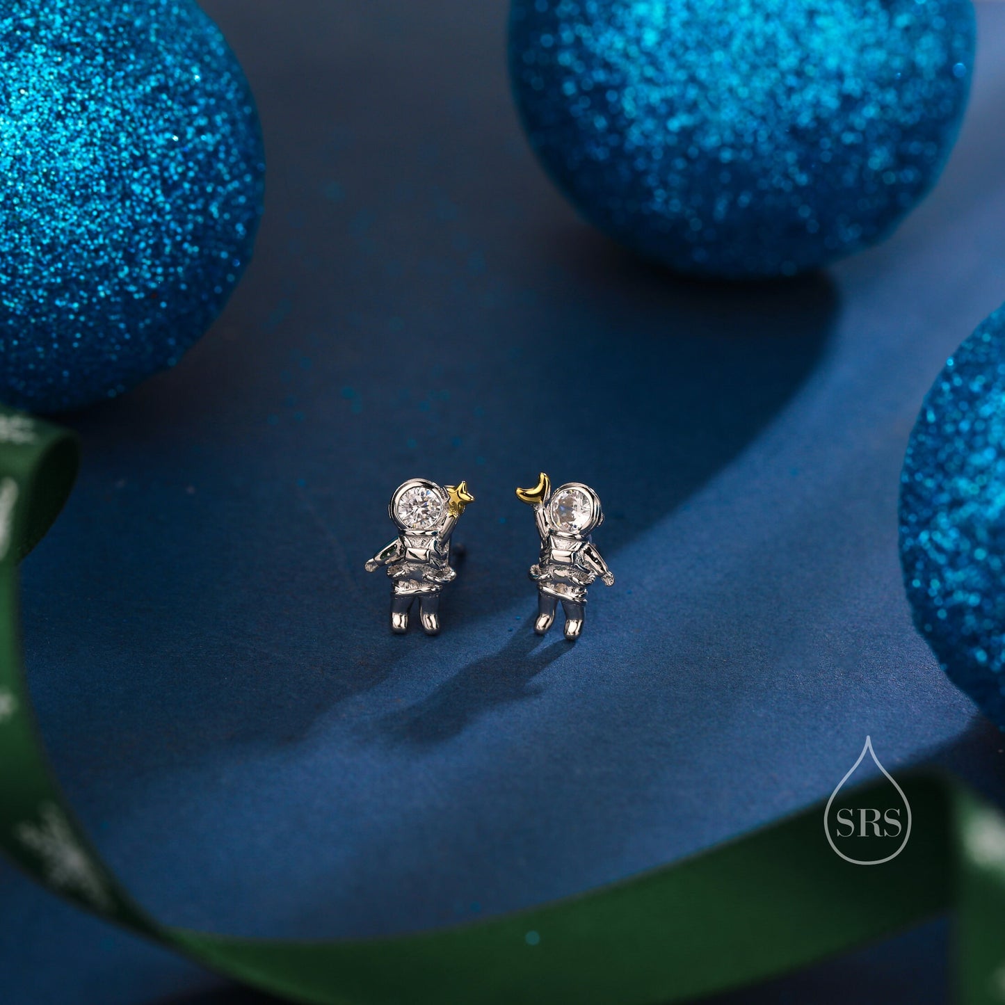 Astronaut Stud Earrings in Sterling Silver, Mismatched Moon and Star Astronaut Earrings, Asymmetric Spaceman Earrings, Blue CZ or Clear CZ