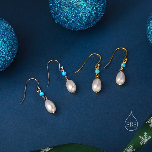 Genuine Freshwater Pearl and  Blue Opal Drop Earrings in Sterling Silver, Delicate Keshi Pearl and Opal Earrings,  Genuine Freshwater Pearls