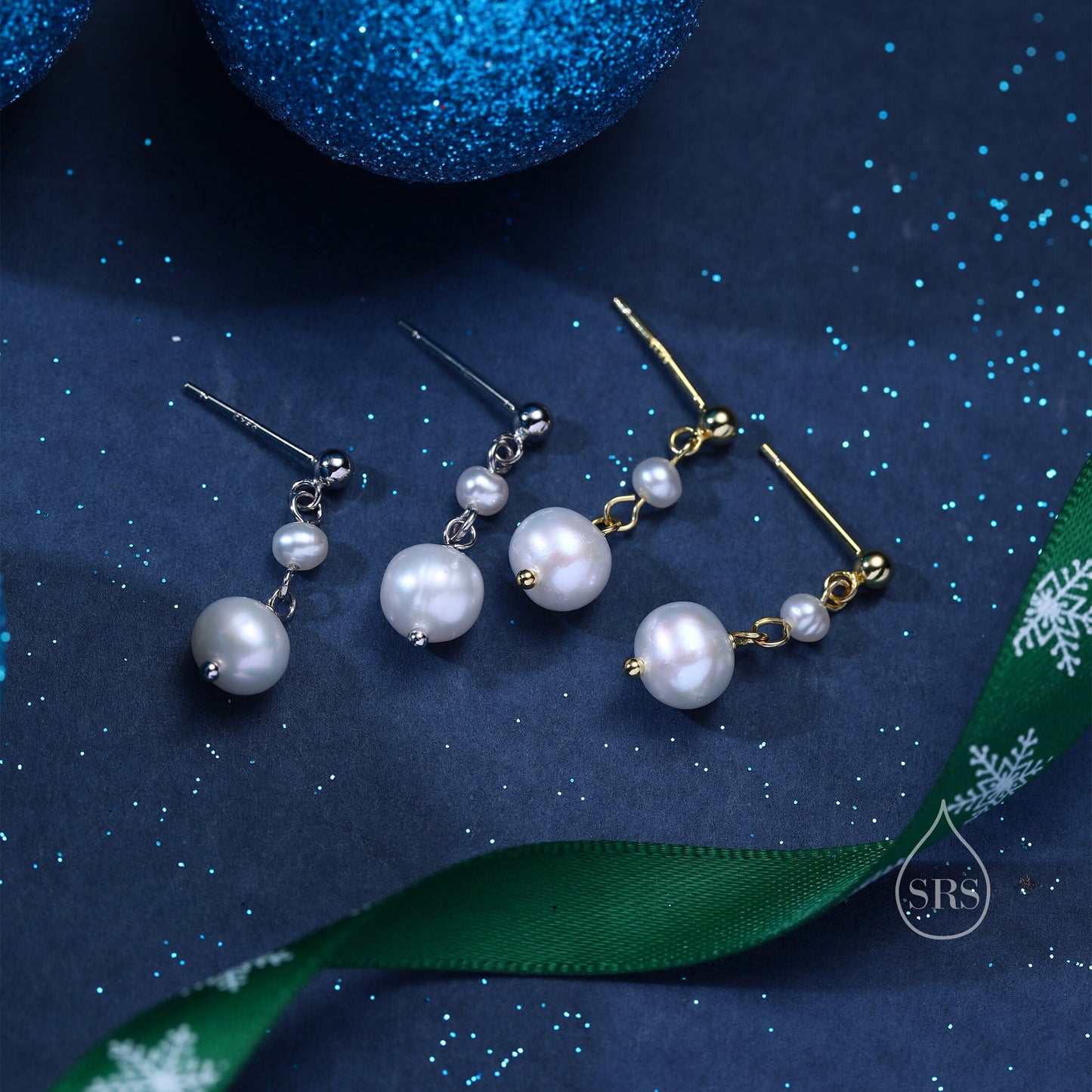 Genuine Freshwater Pearl Drop Earrings in Sterling Silver, Delicate Keshi Pearl Earrings, Double Pearl Stud Dangle Earrings