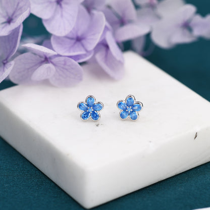 Aquamarine Blue Flower CZ Stud Earrings in Sterling Silver, Forget Me Not Floral CZ Earrings, Flower CZ Earrings