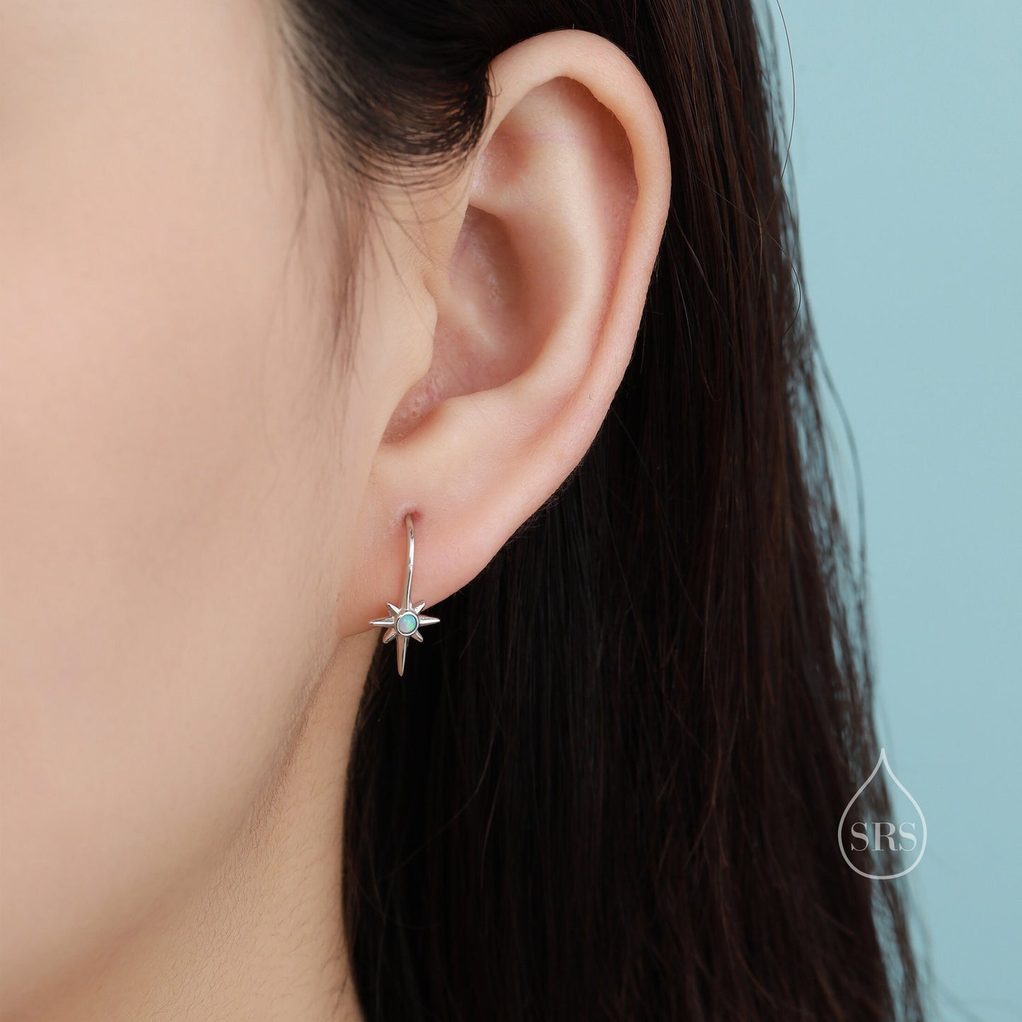 Opal Starburst Drop Hook Earrings in Sterling Silver, Blue Opal North Star Drop Earrings, Delicate Blue Opal Star Earrings, Sunburst Earring