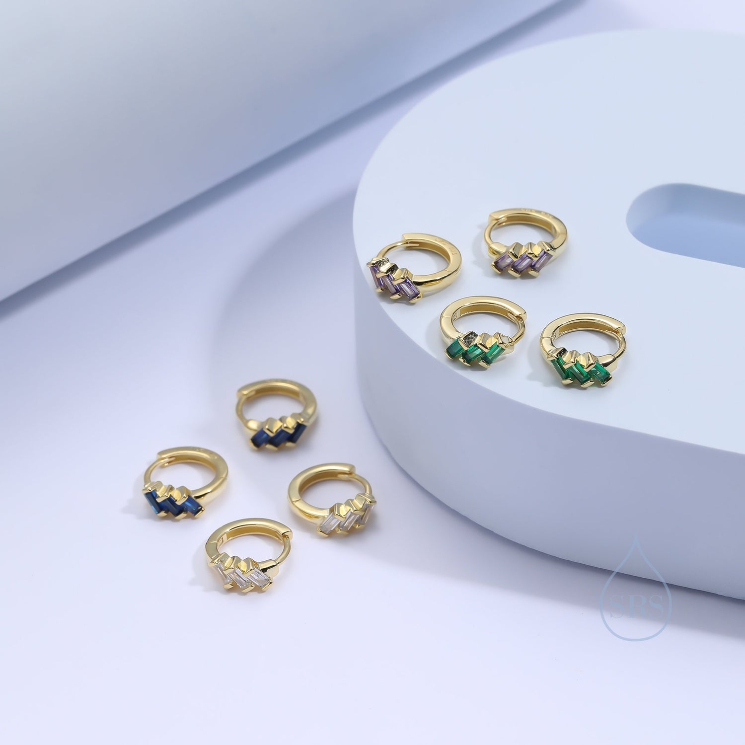 Baguette CZ Cluster Huggie Hoop in Sterling Silver, Silver or Gold, Geometric Hoop Earrings, Green, Blue, Purple or Clear CZ