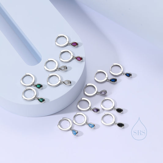 Tiny Droplet CZ Huggie Hoop Earrings in Sterling Silver, Silver or Gold, Geometric Hoop Earrings, Green, Blue, Pink, Purple or Clear CZ