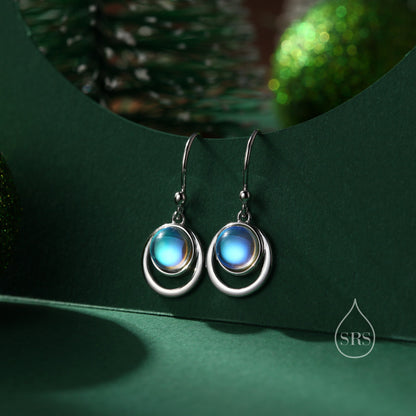 Moonstone Drop Hook Earrings in Sterling Silver, Delicate Lab Moonstone Geometric Earrings, Moonstone Coin Earrings