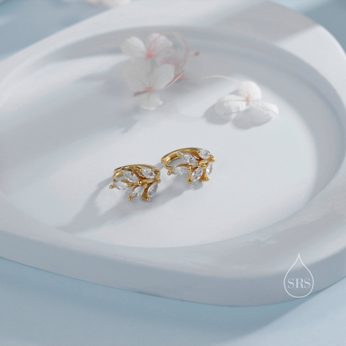 CZ Leaf Huggie Hoop Earrings in Sterling Silver, Silver or Gold or Rose Gold, Clear CZ or Green CZ Hoop Earrings