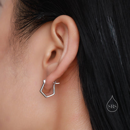 Pentagon Shape Huggie Hoop Earrings in Sterling Silver, Silver or Gold, Geometric Hexaogon, Polygon Shape Hoop Earrings.