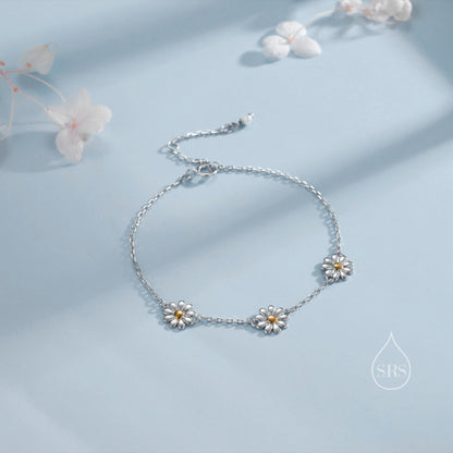Daisy Flower Trio Bracelet in Sterling Silver, Daisy Bracelet, Daisy Flower Bracelet, Flower Bracelet