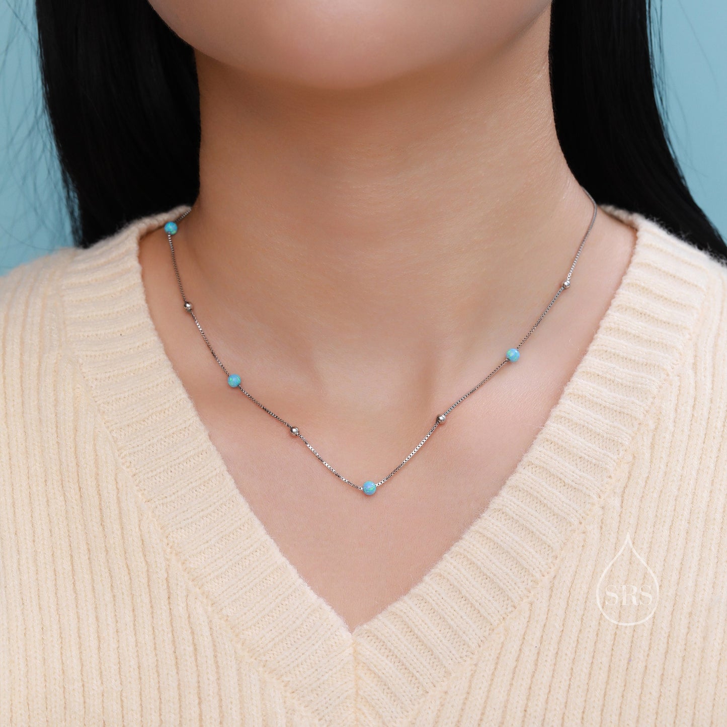 Opal Bead Motif Choker Necklace in Sterling Silver, Silver or Gold, Blue Opal or White Opal Necklace