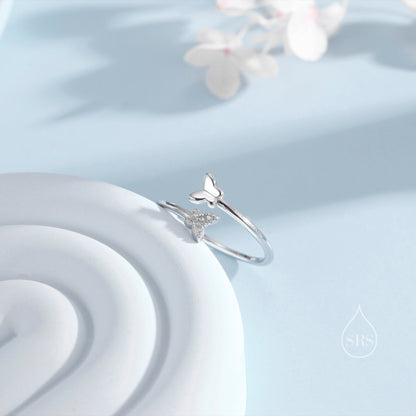 Double Butterfly Open Ring in Sterling Silver, Adjustable, Butterfly Ring, Open Ring, Butterfly CZ Ring