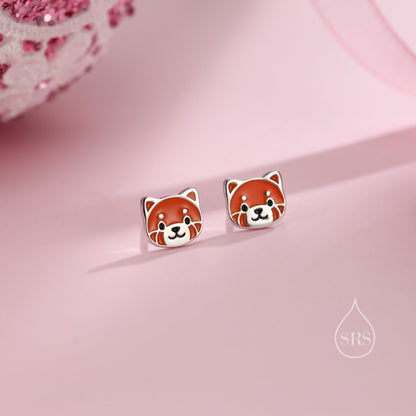 Enamel Cute Red Panda Stud Earrings in Sterling Silver, Smiling Red Panda Stud, Red Panda Earrings, Panda Bear Earrings