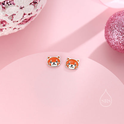 Enamel Cute Red Panda Stud Earrings in Sterling Silver, Smiling Red Panda Stud, Red Panda Earrings, Panda Bear Earrings